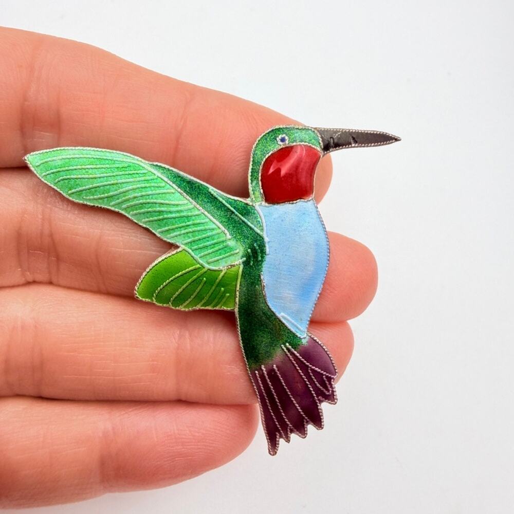 Vintage 925 Sterling Silver Enamel Hummingbird Brooch Pin Cloisonne Style Bird
